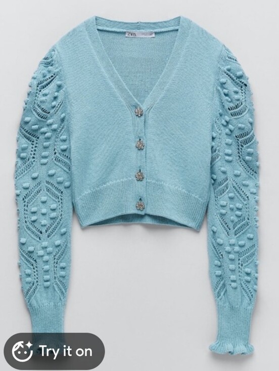 Zara Sweaters - Zara Blue Jewel Button Cardigan Medium Textured Puff Sleeve Knit Sweater NWT